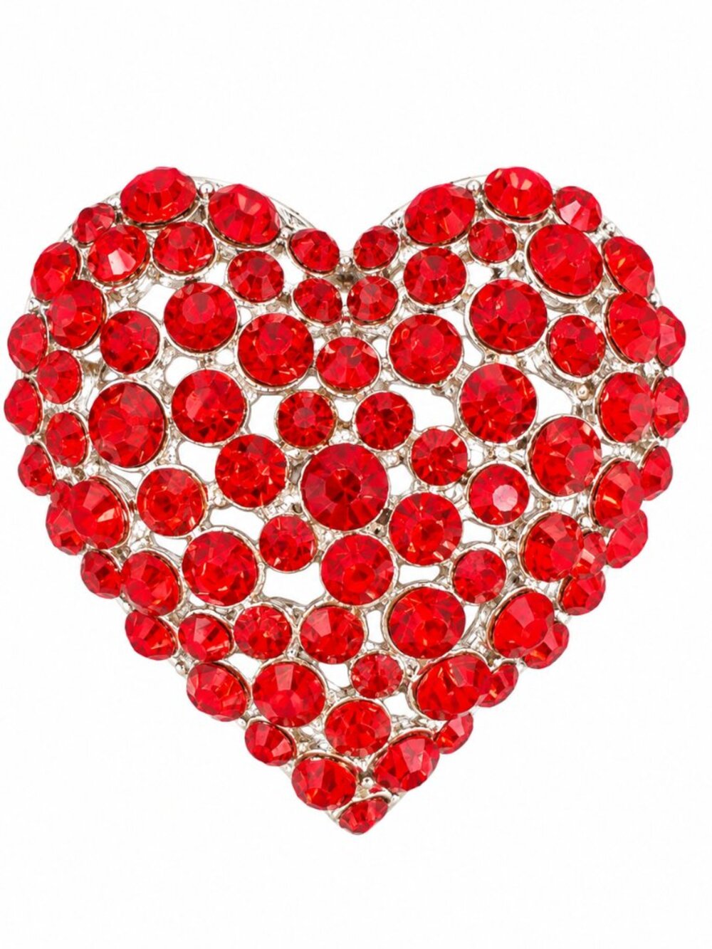 Red Rhinestone Heart Brooch Silver Tone Statement Pin
